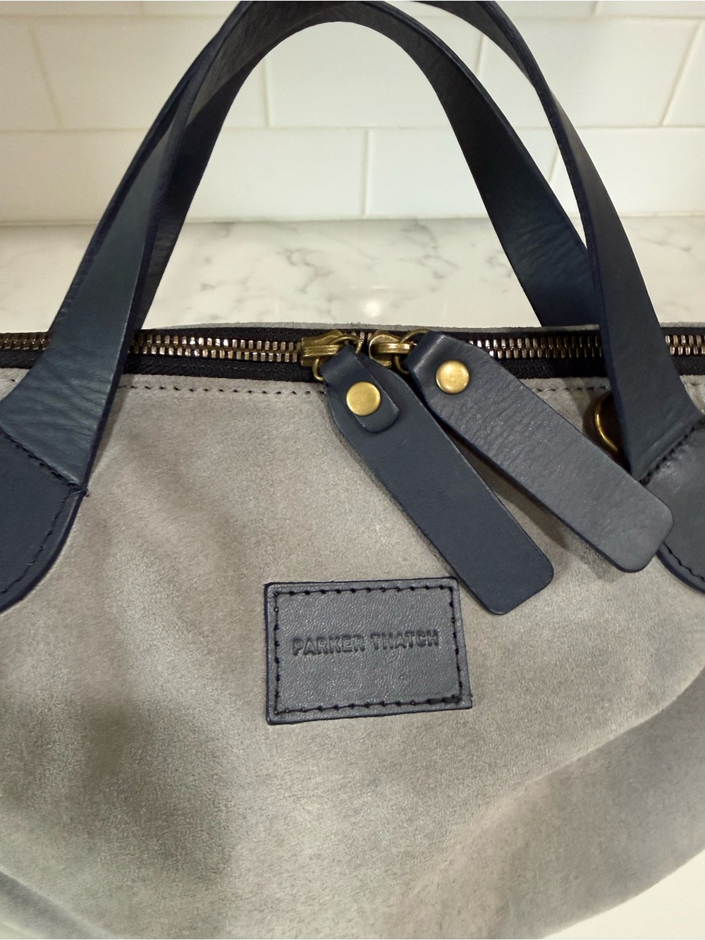 Parker Thatch medium Charlie Grey Suede Crossbody Tote with Navy Trim - Picture 4 of 7